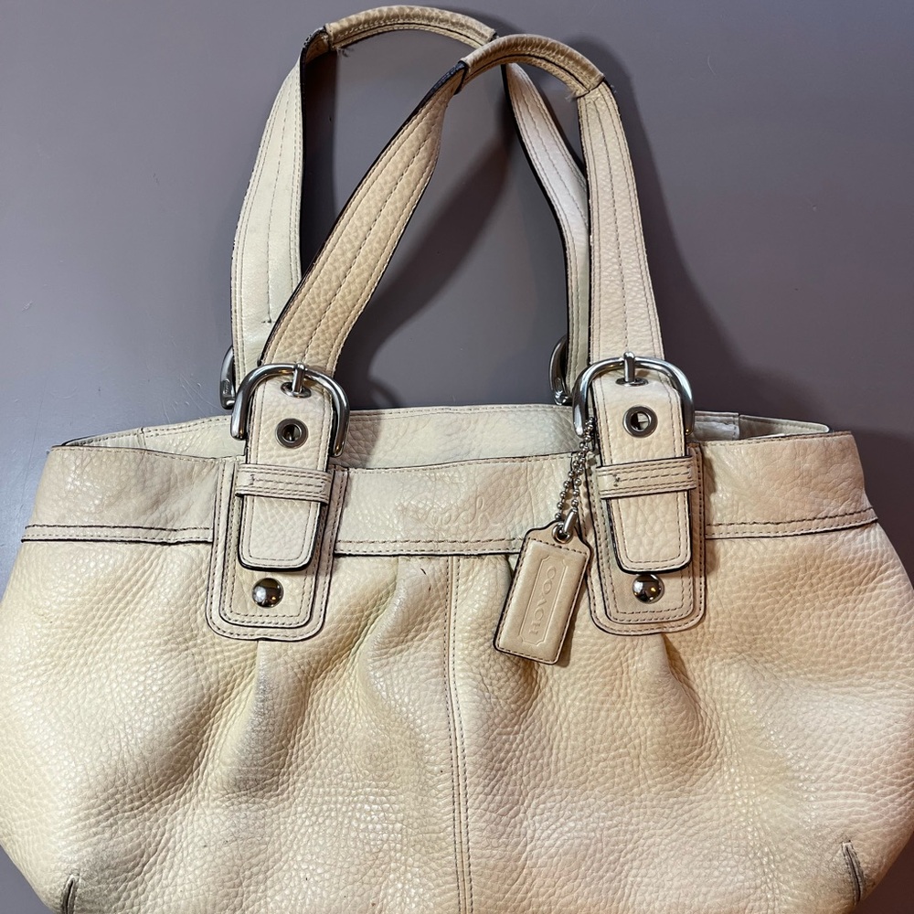 Coach Cream Shoulder Bag with Textured Leather and Silver Accents